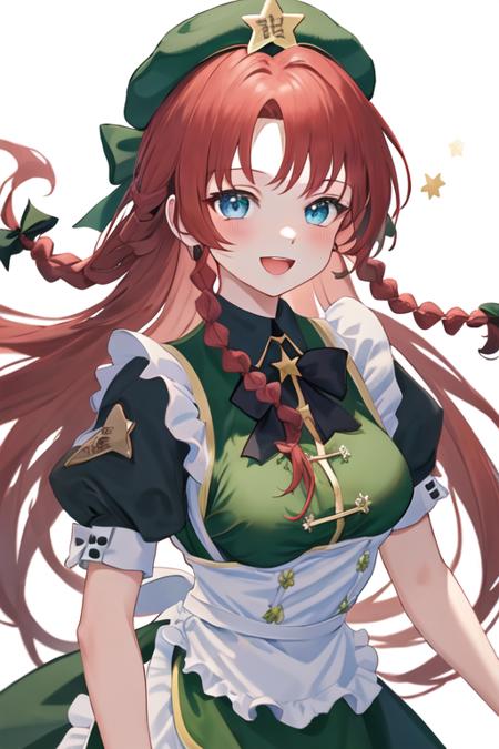 best quality, masterpiece, highres, solo, {hong_meiling_touhou:1.15}, braid, long_hair, red_hair, twin_braids, star_\(symbol\), hat, hat_ornament, star_hat_ornament, beret, smile, bow, bangs, blue_eyes, breasts, hair_bow, ribbon, green_headwear, green_eyes, 1girl, alternate_costume, dress, enmaided, maid, apron, blush, maid_apron, open_mouth, maid_headdress, upper_body, white_apron, parted_bangs, puffy_sleeves, short_sleeves, simple_background, white_background, :d, blue_dress, green_bow