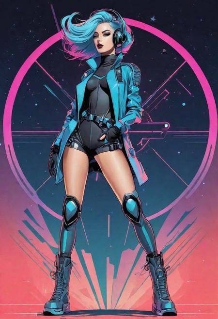 chaos magic, magic realism, fashion girl, sci-fi gear, view full body with legs, graphic style of drawing comics, minimal the background, flat vector illustration, mix edm/cyber, muted faded colors,