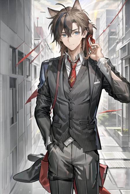 <lora:baitie:0.58>,1boy,(cat ears),((big aqua_eyes)),blue_eyes, brown_hair, (streaked_hair), blurry foreground,bound,bruise,(necktie),depth of field,dress shirt,flipped hair,injury,long sleeves,looking at viewer,male focus,mouth hold,navel,(open clothes),pleated pants,solo,underwear,(((solo))),(Eachcolorblockisclearlydistinguished:1.1),city_lights,lamp,lapels,god rays