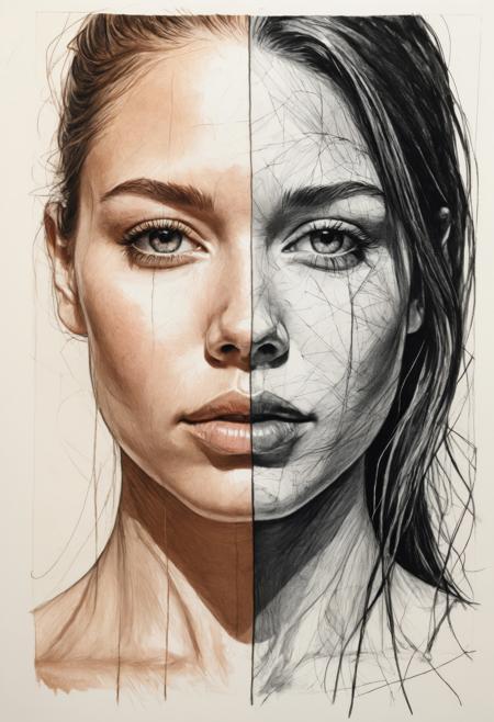 Split portrait of a woman’s face, divided perfectly down the middle. One half is a rough charcoal sketch with bold, thick lines and raw texture, while the other is hyper-realistic, detailed with vibrant colors, capturing lifelike skin tones, glossy eyes, and soft hair strands. The division is sharp and symmetrical, highlighting the stark contrast between the unfinished sketch and the vivid realism. The background fades into neutral tones, emphasizing the dramatic transformation