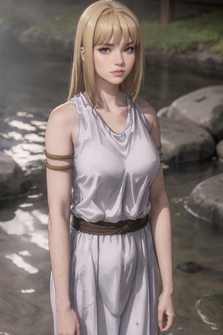 masterpiece, best quality, high quality, highres, wading,looking at viewer,solo,water, sunset, onsen, wisteria,moody lighting, BREAK,
ANIME_AttackOnTitan_YmirFritz_ownwaifu, www.ownwaifu.com, 
1girl, blonde hair, grey eyes, bangs, breasts, collarbone, hair over eyes, lips, long hair, medium breasts,  shaded face, 
shibari over clothes,  arm strap, armband, armlet, bare shoulders, grey dress, hair ornament, sleeveless, tank top, 
<lora:ANIME_AttackOnTitan_YmirFritz_ownwaifu-15:1>