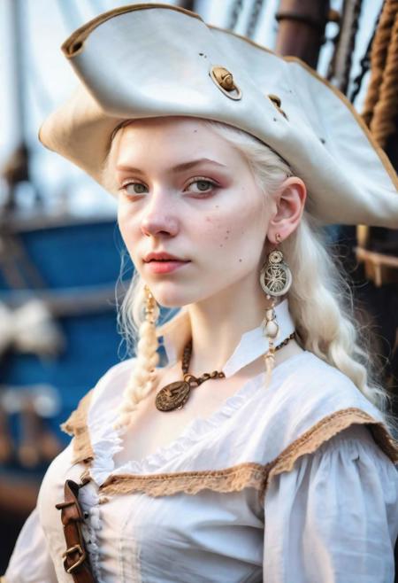 high quality image, photo raw, 8k, portrait 3/4, a 20 year old (woman.1.5), 16th century pirate, a woman with albino skin, light eyes, long white hair, brown pirate hat, several hoop earrings, white buccaneer blouse, wide pants vintage, the shirt is dirty and torn by battles, style-empire, serious and threatening face, penetrating gaze, he is on the bridge of a pirate ship, sunset, volumetric light, realistic ligh, canon eos 5d, 200 mm lens, f2, hdr, uhd