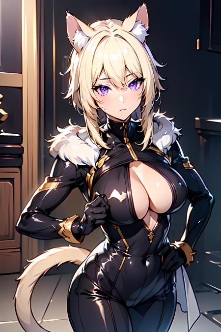 (purple eyes,:1.3)
masterpiece,best quality, unreal engine, ultra res, extremely detailed,
1girl,  <lora:Character_ort_zeta_eminence_v1.0:0.8>
zeta_eminence,light blonde, cat ear, 
black body suit, cleavage, open cloth, fake fur,