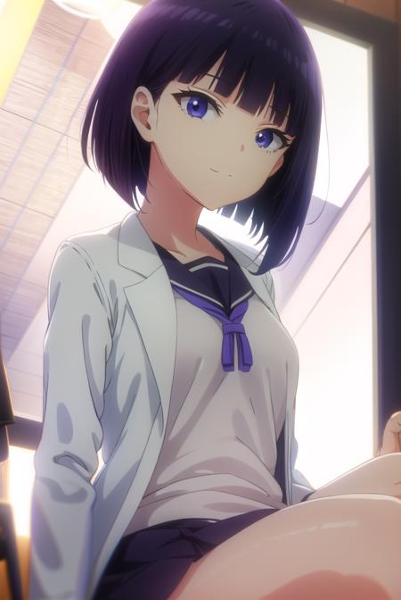 inarisakihira, <lora:inari sakihira s1-lora-nochekaiser:1>,
inari sakihira, short hair, (purple eyes:1.1), purple hair, smile,
BREAK skirt, school uniform, serafuku, labcoat,
BREAK indoors, classroom,
BREAK looking at viewer,
BREAK <lyco:GoodHands-beta2:1>, (masterpiece:1.2), best quality, high resolution, unity 8k wallpaper, (illustration:0.8), (beautiful detailed eyes:1.6), extremely detailed face, perfect lighting, extremely detailed CG, (perfect hands, perfect anatomy),