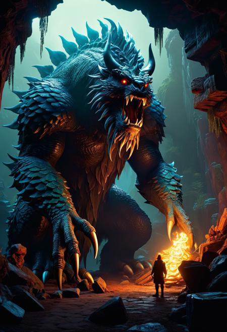 Hyperrealistic Concept art. Medium shot. A mid century hunzy monster in its lair surrounded by ancient artifacts. Over the shoulder shot. Vibrant, stylized matte painting. Brilliant iridescent scales glimmering in softbox lighting. Majestic, wispy tendrils flowing around the monster's body, amidst the eerie atmosphere of eerie backlit fog. Soft, inviting firelight glows. 8k resolution, hyper-realistic, incredibly detailed, cinematic, fantastical, Unreal Engine 5, trending on Artstation, Noah Bradley, Simon Stalenhag, Ian McQue.