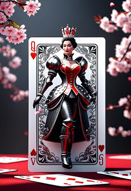 Create a photorealistic 3D image using Unreal Engine. The scene is centered on a playing card, the Queen of Hearts , dramatically enlarged to become a stage. On this card sits a female supermodel figure with an aura, with intricate armor detailed in monochromatic tones, except for subtle red accents. Surrounding the card are delicate cherry blossoms in full bloom.