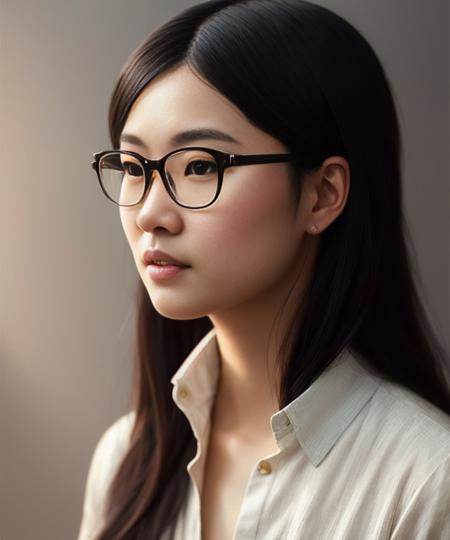 full shot body photo of the most beautiful artwork in the world featuring a neardy asian woman , with glasses, With an outfit,(sitting:1.2),(from_side:1.1), (detailed_face:1.5), highly detailed face, highly detailed skin, skin pores, majestic oil painting by Ed Blinkey, Atey Ghailan, Studio Ghibli, by Jeremy Mann, Greg Manchess, Antonio Moro, trending on ArtStation, trending on CGSociety, Intricate, High Detail, Sharp focus, dramatic, photorealistic painting art by midjourney and greg rutkowski