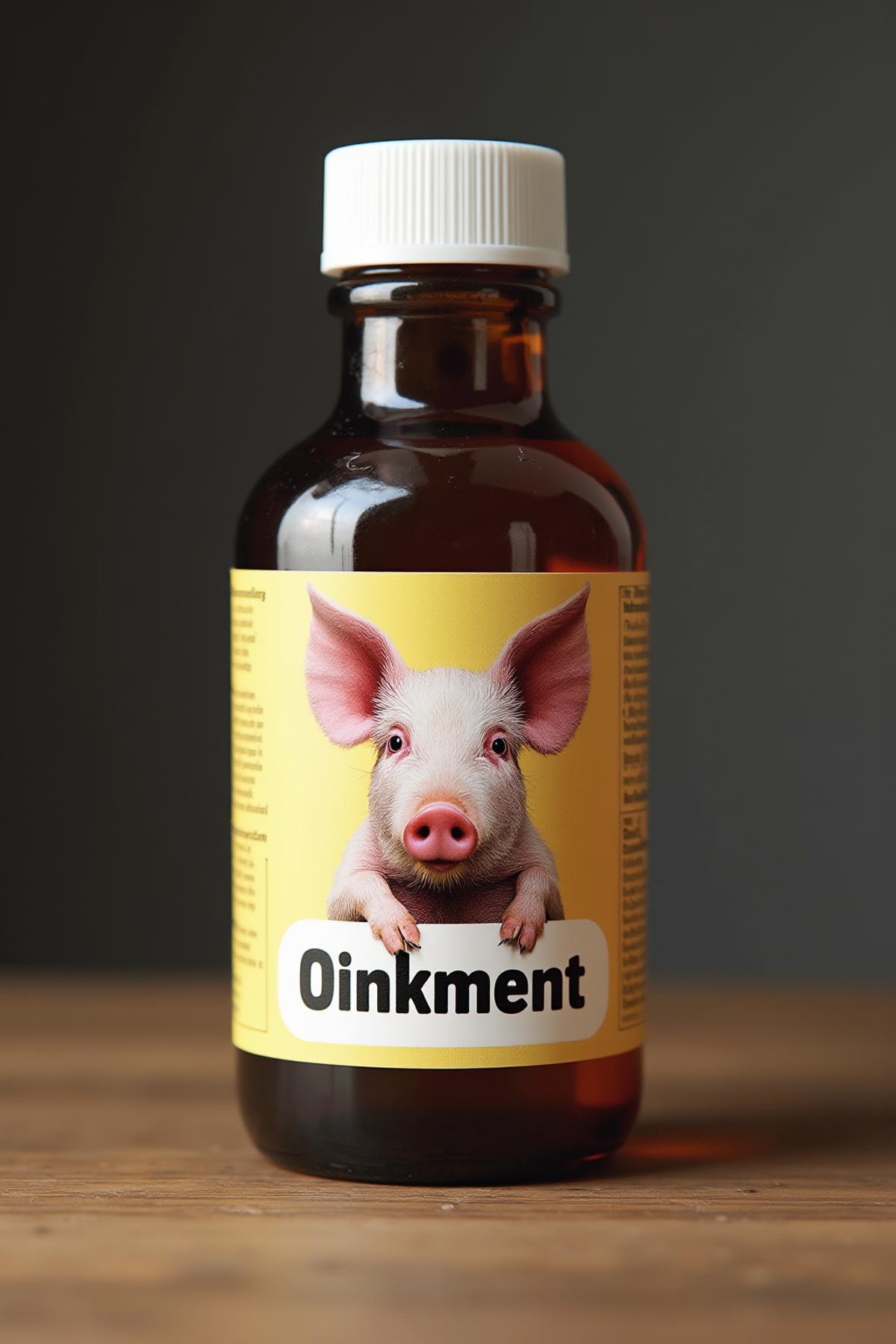 medicine bottle with a picture of a pig head on it. The bottle label reads "Oinkment"