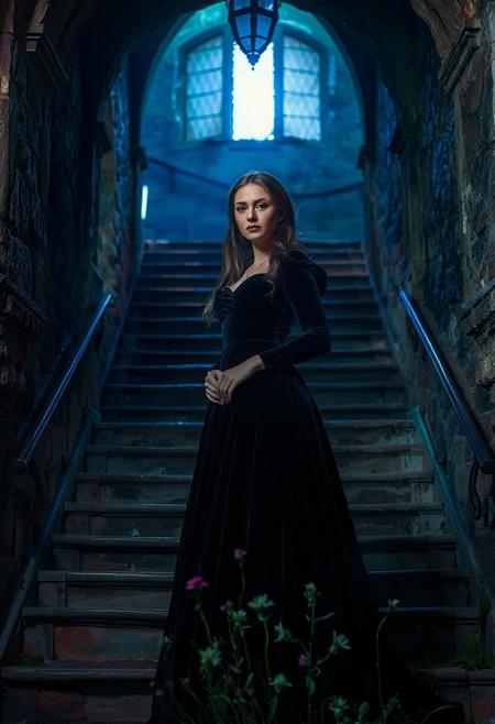 Victorian gothic, portrait, woman, dark velvet gown, stone staircase, arched entryway, blue lighting, green lighting, dust motes, wildflowers, ornate stonework, distressed textures, melancholy, forgotten grandeur, ethereal beauty.