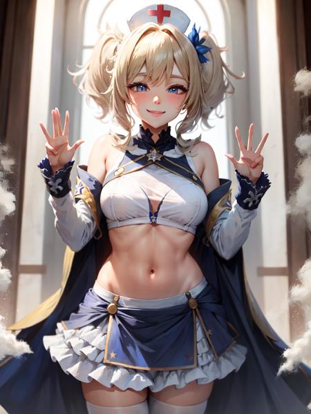 shiny, shiny hair, shiny clothes, nurse costume, waving, smile, masterpiece, <lora:BarabaraGenshinV2-000014:1> genshin_impact,blue_eyes,blonde_hair,barbara_\(genshin_impact\),barbara \(genshin impact\)