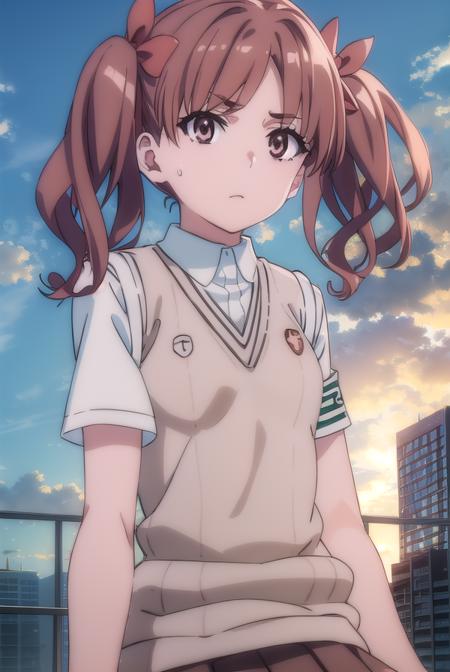 kurokoshirai, <lora:kuroko shirai s3-lora-nochekaiser:1>,
kuroko shirai, brown hair, long hair, (parted bangs:1.5), (brown eyes:1.7), ringlets, twintails, hair bow, bow, red bow, (small breasts:1.2),
BREAK armband, black skirt, collared shirt, dress shirt, pleated skirt, safety pin, school uniform, shirt, short sleeves, skirt, summer uniform, sweater vest, tokiwadai school uniform, twintails, white shirt, (brown sweater vest:1.5),
BREAK outdoor, city, sky, sun, clouds,
BREAK looking at viewer, (cowboy shot:1.5),
BREAK <lyco:GoodHands-beta2:1>, (masterpiece:1.2), best quality, high resolution, unity 8k wallpaper, (illustration:0.8), (beautiful detailed eyes:1.6), extremely detailed face, perfect lighting, extremely detailed CG, (perfect hands, perfect anatomy),