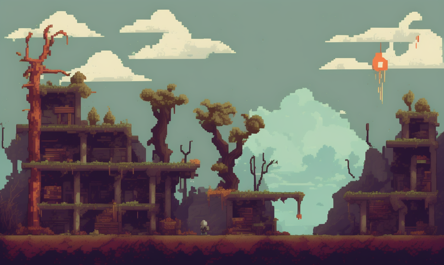 pixelart  video game environment, Generate an image of a post-apocalyptic wasteland, with desolate ruins, scattered debris...