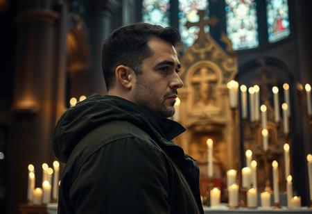professional photo, side view photo of Caucasian man in front of an altar covered with candles, wearing a dark green parka, serious face, dark features, dramatic lighting, in a dim cathedral interior, lit by candles