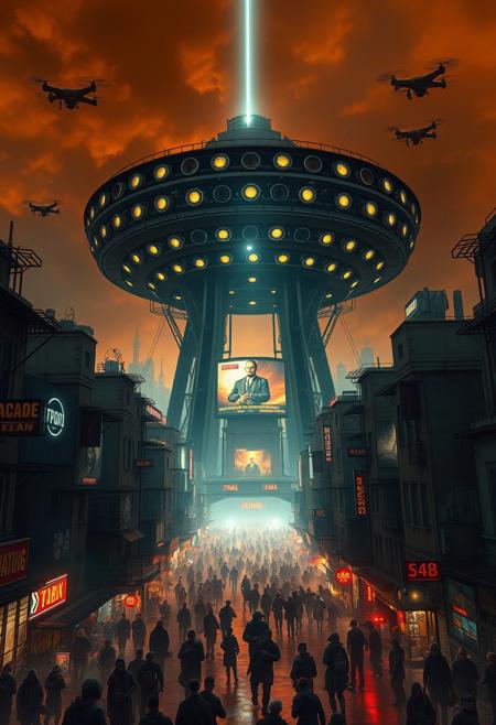 A towering, futuristic panopticon structure at the center of a sprawling dystopian city under a dim, smoky orange sky. The panopticon is made of dark, gleaming steel, with hundreds of glowing surveillance eyes scanning the chaotic streets below. The city is a maze of crowded, decaying high-rises, holographic advertisements flickering with propaganda, and winding alleys teeming with shadowy figures. Neon lights cast an eerie glow over the wet, reflective streets. People wear grimy, tattered clothing and augmented reality visors, their faces displaying hopeless expressions. Overhead, drones patrol with blinding spotlights. A sense of oppression and technological dominance permeates the scene, with a single beam of cold, sterile light shining from the top of the panopticon into the clouds. The atmosphere is gritty, intense, and foreboding.