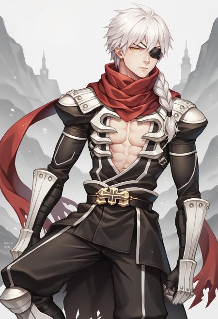 assassincross-ro, scarf, shoulder armor, red scarf, open shirt, gauntlets, vambraces, boots, black clothes, white armor, 