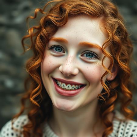 a close-up portrait of a beautiful freckled green-eyed redhead irish woman with curly hair. She is smiling and showing her crooked teeth in braces, her head is tilted to the side
