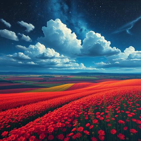Vibrant fields, extremely detailed sky, from high cliff, starry sky, dark night, clear view, bright rerd flower fields, beautiful fields, very bright, anime landscape, (upper half:), busy clouds, red clouds, the storm is brewing, 8k wallpaper, romantic, perfect quality, absurdres, highly detailed, vibrant, beautiful oil matte painting