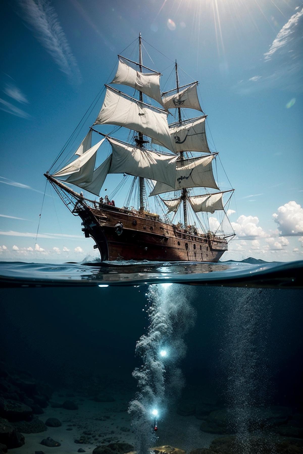 A large sailing ship floating on the ocean with its sails down.