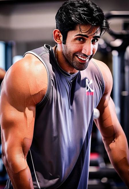 4k, Gilles Marini a man <lora:varun-sood_Gilles-Marini:1> in the gym, sweaty, muscular, abs, pecs, slight smile, back to camera, flexing, guys in the background admiring him.