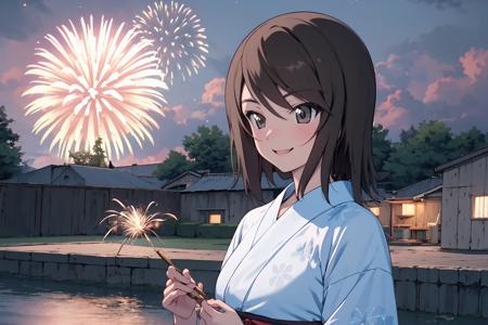 (RAW photo, best quality), 1girl,  natural lighting, smile, solo,
<lora:girls_und_panzer_mika_v1_2:1>, mika (girls und panzer), summer evening. fireworks, yukata,