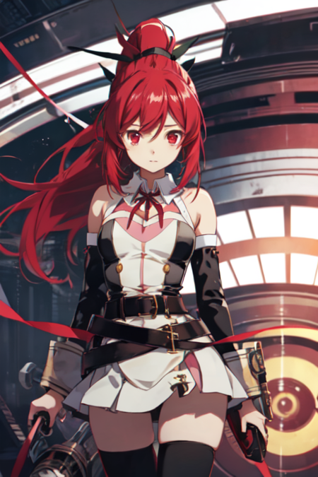 TokiChronowind, 1girl, solo, long hair, red hair, skirt, red eyes, black thighhighs, ribbon, ponytail, belt, detached sleeves, 