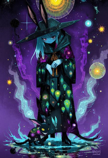 WackyScratchDaal ,   A mirror witch, whose entire body reflects other realities, bends down to help a baby jackalope fix its glitched shadow. Each reflection in her cloak shows a different magical micro-world. The art style channels vaporwave colors, glitchcore aesthetics, and folklore design all in one.