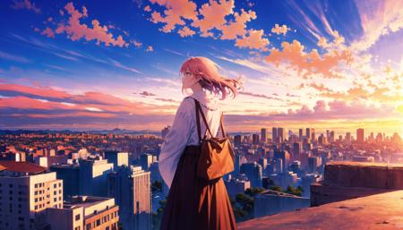 (1girl) stands at the edge of the city overlooking (beautiful sky). The (cityscape) stretches out before her, with its towering (buildings) and bustling (streets) below. The girl is mesmerized by the (sunset) above, with its brilliant hues of (pink), (orange), and (purple). She feels a sense of peace and wonder in this moment, as if the whole world is at her fingertips. The cool breeze ruffles her hair and carries the sounds of the city up to her, but she remains lost in her thoughts and the beauty of the sky.
 <lora:mocha2:0.8>