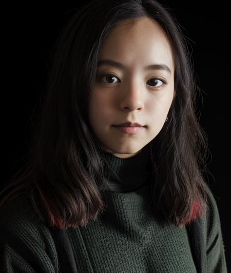 h1t3 , Black background, Red and green sweater, close portrait photo, asia, asiatic