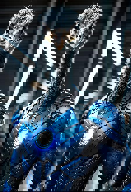 superhero Ostrichman. A high-tech, form-fitting suit in blue with relief.