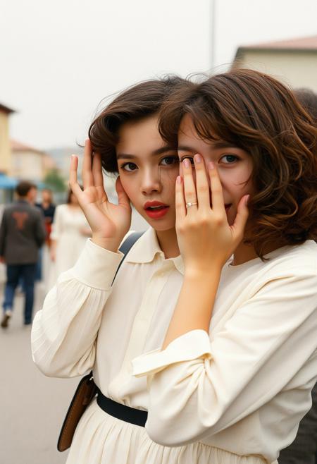This vintage analog film photograph depicts a tranquil and intimate scenery in Soviet provincial city. Characters on this photo features an absolutely correctly rendered eyes, fingers and overall anatomy is perfect without anatomical flaws. Natural imperfections of anatomy and skin texture adds realism and analog film qualities. Natural skin texture has a pigment variations sparse blemishes and rare moles. Eye shine is natural and realistic. Finest details emphasize the micro contrast and crispy textures.
1girl. solo. realistic photograph. photorealistic. looking at viewer. brown hair. short hair. dress. long sleeves. tatar. blurry. blurry background. white dress. black eyes. shirt. upper body. curly hair. hands up. white shirt. white skirt. tongue. brown eyes. skirt. hand on own face