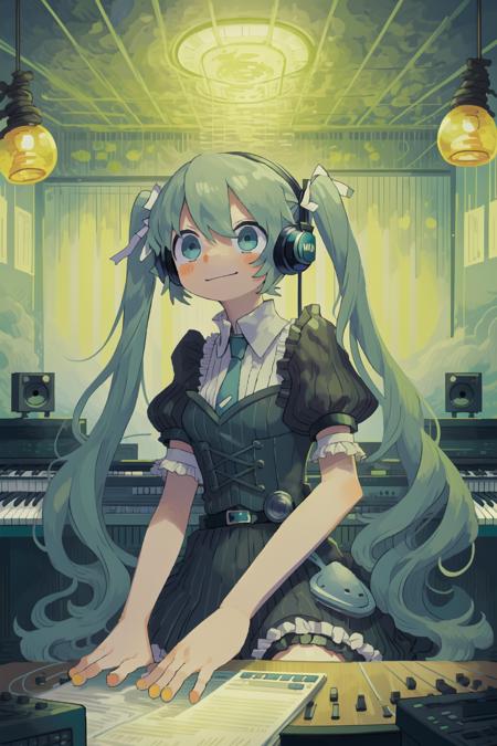 vocaloid, (hatsune miku, aqua hair, very long hair, twintails, aqua nails, aqua necktie:1.2), shoulder tattoo,

(grant wood, american gothic:1.2),
1girl, solo, (portrait), smile, closed mouth, (aqua eyes, looking at object, looking away), lips, (spoken musical note),
(final fantasy tactics:1.2),

(recording studio interior:1.2), headphones, (lanyard), technology, frutiger aero, (korg, korg triton, daw, korg m1, yamaha dx7, synthesizer, digital audio, wave format audio, riff, graphic equalizer, piano roll, dtm, top 10 free vst plugins download now:1.2), loaded interior, (indoors:1.1), gramophone,
cymbals, drum kit, microphone stand, music stand, classical music, interior of an amphitheatre, (speaker system, subwoofer),
(mainframe computer, computer rack, synthesizer rack, computer shelf, modular synthesizer, moog, buchla, serge),

black clothes, babydoll, lingerie, lace trim, lace, buttons, collared dress, (whalebone corset), victorian era clothing, contemporary clothing, gothic, (negative space:1.15), garter belt, garter straps, belt buckle, belt,

(hair ribbon, white ribbon:1.2), (lamp, overhead light, light bulb, ornament),

(blush stickers, blush),

(cozy:1.2),

(arabian ink, paper marbling:1.1),

(surreal, abstract, vincent van gogh:1.2), (complimentary colors),

(by Jeremy Lipking:0.8), (by Antonio J Manzanedo:0.7), (by Paul Lehr:1.1)