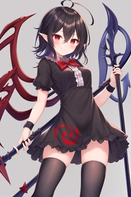 masterpiece, best quality, highres, solo, {houjuu_nue_touhou:1.10}, black_hair, wings, asymmetrical_wings, red_eyes, short_hair, bow, smile, zettai_ryouiki, snake, polearm, bowtie, red_bow, trident, 1girl, bangs, black_dress, black_thighhighs, blue_wings, blush, breasts, dress, frills, hair_between_eyes, looking_at_viewer, red_bowtie, red_wings, short_sleeves, thighhighs, wristband, ahoge, center_frills, short_dress, simple_background, holding, holding_weapon, pointy_ears, small_breasts, standing, weapon