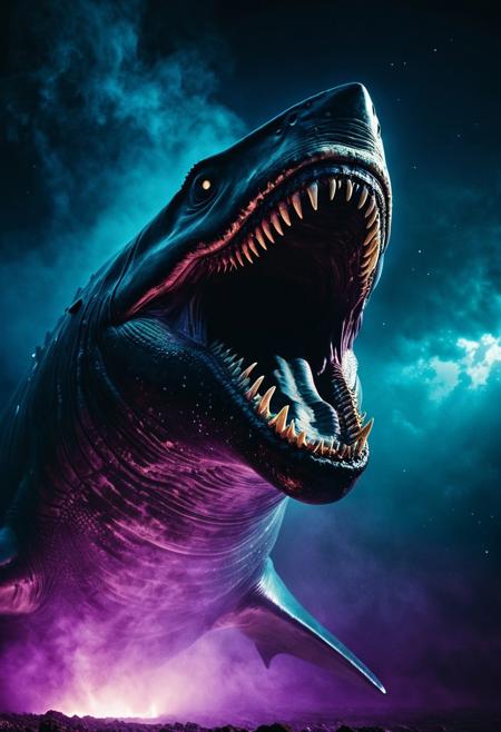 Expressionism,- Cinematic film still. Medium shot. Gigantic space leviathan with its mouth wide open in a dark nebula. Wide angle lens. Film grain, vignette, cinematic lighting, warm color palette with deep blues and purples. Dramatic shadows cast across the leviathan's massive teeth. Glowing bioluminescent spots within its mouth. Mysterious, eerie mist swirling around its jaws. Vieusaturated, high contrast. 35mm film grain, cinematic scan, post-processed, live-action, best quality, atmospheric, a masterpiece, epic, Sharkzilla