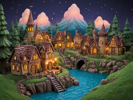 novuschroma51 styleA breathtaking magical world where everything is sculpted from smooth, colorful clay. Rolling hills, towering castles, and enchanted forests are crafted with soft, rounded details, giving a handcrafted and playful charm. Tiny clay villages with whimsical houses, glowing lanterns, and cobblestone streets stretch across the landscape. In the center, a majestic clay waterfall flows like liquid magic, glowing faintly with an ethereal shimmer. The sky is painted in soft pastel hues, with floating clay islands drifting gently above. Throughout the scene, charming clay figurine characters—knights, wizards, fairies, and mythical creatures—move as if alive, their expressions full of warmth and wonder. The lighting is soft and enchanting, casting gentle shadows that enhance the handcrafted textures. The entire world feels like a living fairytale, bursting with imagination and magic.