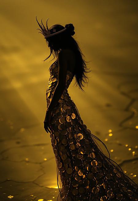 (Soft Lighting Photography by Mimoza Veliu and Mario Giacomelli:1.2), NSFW, Realistic crazy gold sorceress, gold elemental, cracked earth, crater, silhouet style, essence of gold, at Dawn, Bauhaus Art, (monochromatic art by Junji Ito, Carne Griffiths, High contrast, minimalistic), gold and white, dramatic, (silhouette weaved from splahes of gold, body of coins and gold), (clothed in gold, encased in gold),nudity, intricate details, (zentangle tattoo), scar, (((fractal art), (((abstract art))), (((psychedelic art))))), sexy