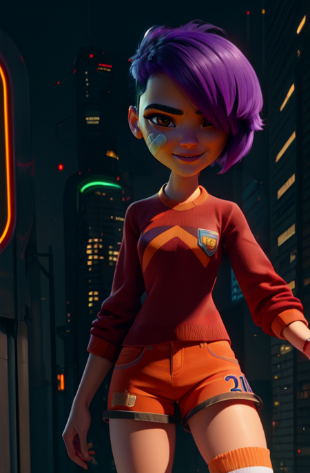 mai, short hair, bandaid on face, purple hair,  hair over one eye,  brown eyes, 
red sweater,  orange shorts,  kneehighs,  
standing, upper body,  
cyberpunk, soccer field, night,   light smile, 
(insanely detailed, beautiful detailed face,beautiful detailed eyes, masterpiece, best quality) 
 <lora:maisu:0.7>