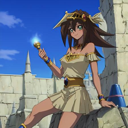 Mana, anime, yu-gi-oh! duel monsters,1girl, best quality, Egyptian, tan skin,  green eyes, stone structure, stone building, smile, (standing), magic, looking at viewer,  arms at sides