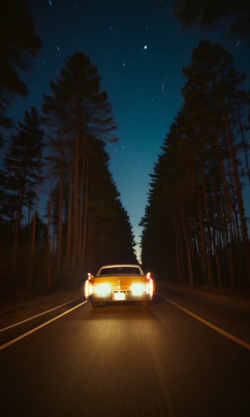 cinematic, 1970, cadilac, road, lights, at night, from behind forest, road, ultra detailed, film grain, motion blur, blurr...