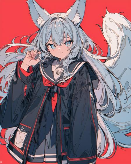 masterpiece, (best quality), (cogecha_art_style, ligne claire, 1980s (style):1.2),
red background, 
1girl, fox tail, fox ears, school uniform, 
<lora:cogechaq&6_Art_Style:1.5>, masterpiece, best quality