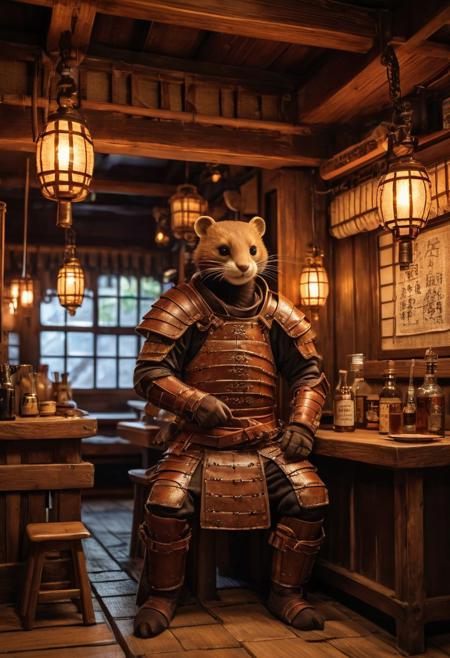 fantasy anthropomorphic a (sable) (light brown-marten) (warrior: 1.19) (brown-leather armor) in dark japanese-tavern holding a pint of ale in a cozy environment with gas lamps oriental japanese-woodworking warm brick fireplace and (paper windows) (japanese-style-architecture)