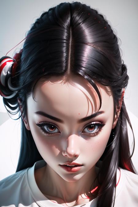 Highly detailed, High Quality, Masterpiece, beautiful, FIFrontLittleAbove, <lora:Headviews:0.7>, 1girl, solo, red eyes, black hair, long hair, shirt, white shirt