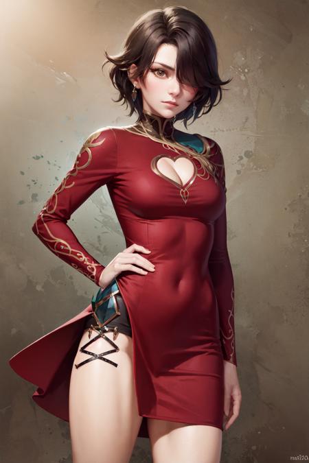 (masterpiece, best quality:1.2), <lora:rwby_cinder-10:1.0>, cowboy shot, solo, 1girl, cinder fall, expressionless, hand on hip, short black hair, hair over one eye, red china dress, cleavage cutout