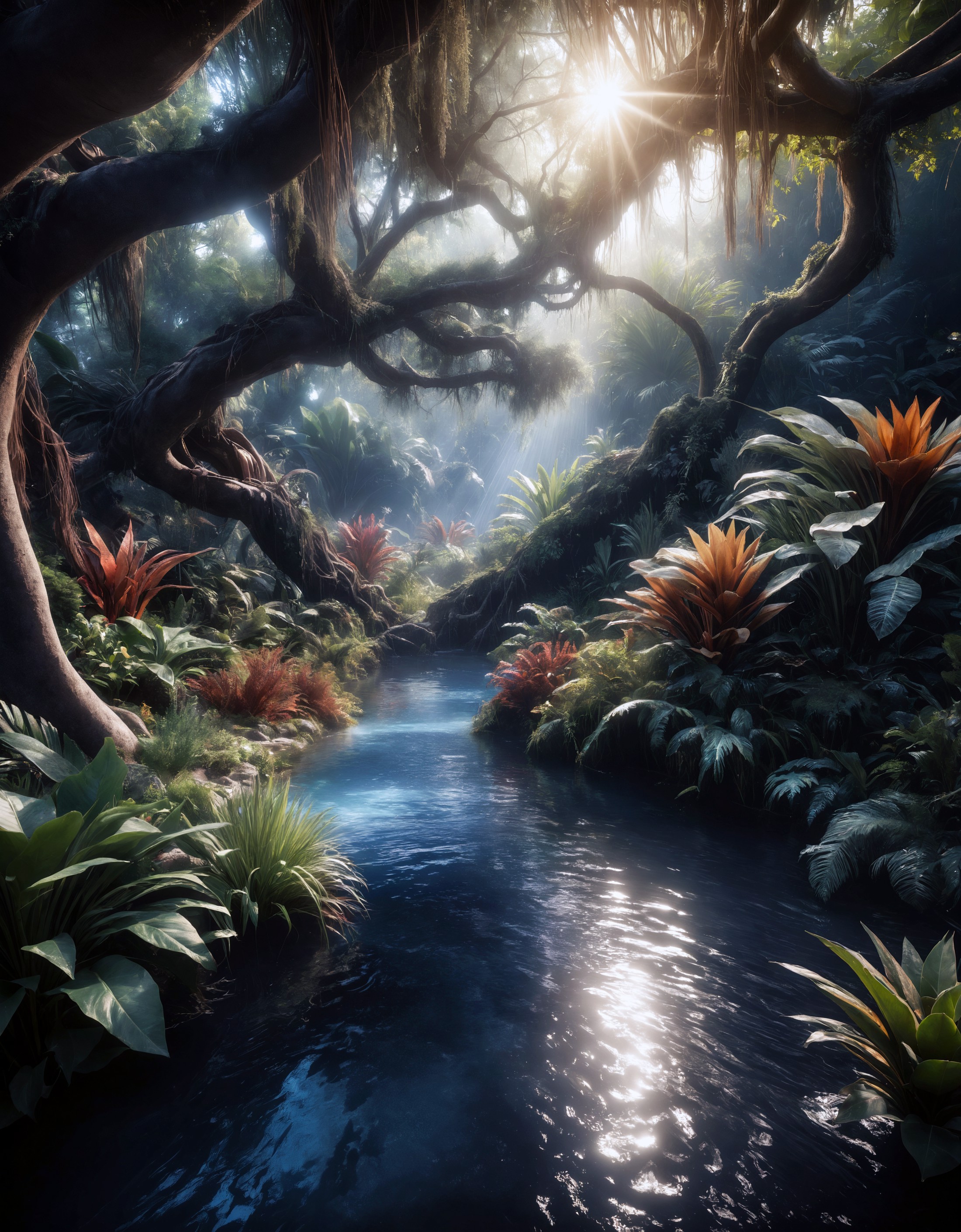 landscape photo of a super detailed manifold amazing and magical supernatural tropical unearthly light plants and trees on...