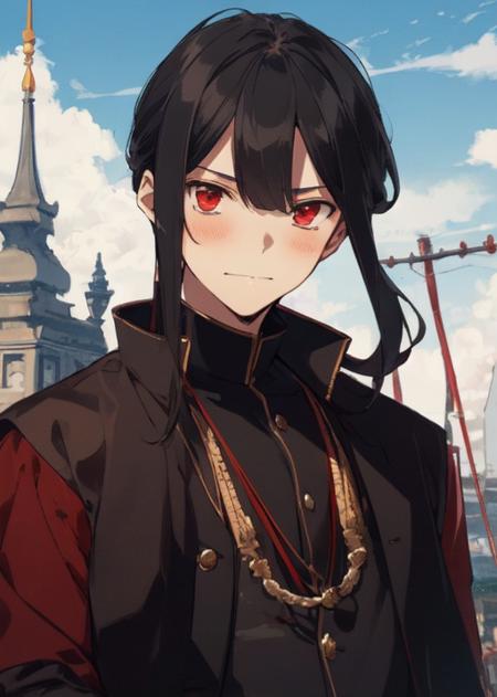 Oda Nobukatsu 1boy, black hair, red eyes, ponytail