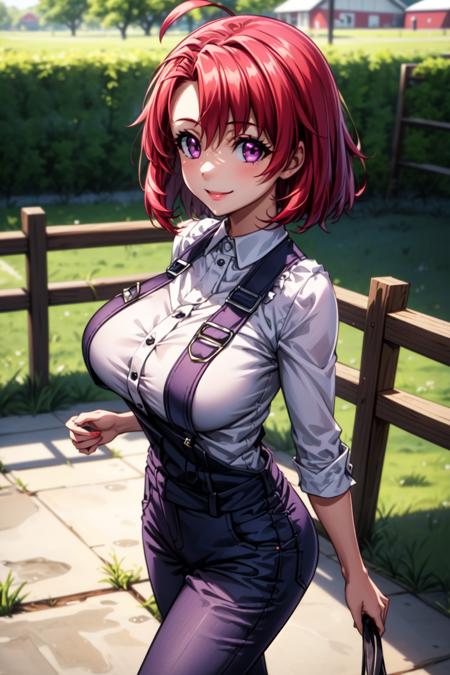 best quality, masterpiece, 1girl, (solo:1.1), raytracing, ultra detailed,detailed face, 8k wallpaper, wide hips, <lora:more_details:0.5>, smile, CowGirlNDV, 1girl, red hair, purple eyes, large breasts, short hair, ahoge, cowboy shot, shirt, jeans with suspenders, outdoor, farm,  <lora:CowGirlGS_NDV:0.7>