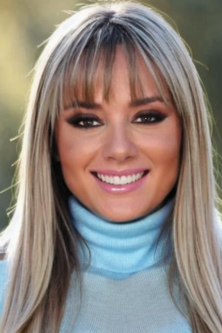 Photo of beautiful jujus4l1m3n1 woman, detailed face smiling, (blurred background)+, light blue turtleneck blouse, in a park