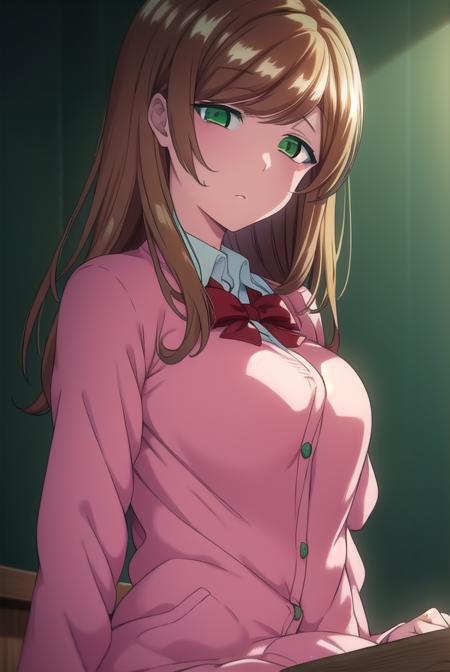 minakosanada, <lyco:minakosanada-lyco-nochekaiser:1>, 
minako sanada, long hair, brown hair, (green eyes:1.5),
BREAK long sleeves, bow, school uniform, bowtie, red bow, cardigan, pink cardigan,
BREAK looking at viewer,
BREAK indoors, classroom,
BREAK <lora:GoodHands-vanilla:1>, (masterpiece:1.2), best quality, high resolution, unity 8k wallpaper, (illustration:0.8), (beautiful detailed eyes:1.6), extremely detailed face, perfect lighting, extremely detailed CG, (perfect hands, perfect anatomy),