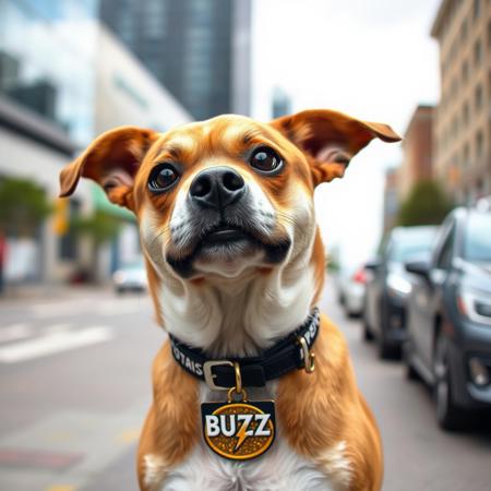 cute dog on street with BUZZ written on collar and lightning bolt symbol on a gold medallion attached to its collar, looking at viewer, city background