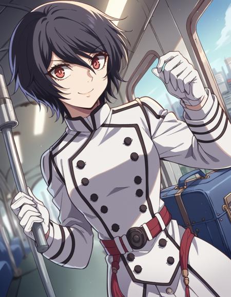 <lora:akudama-apprentice-s1-ponyxl-lora-nochekaiser:1>, apprentice, short hair, black hair, red eyes, hair between eyes, gloves, belt, white gloves, uniform, military, military uniform,