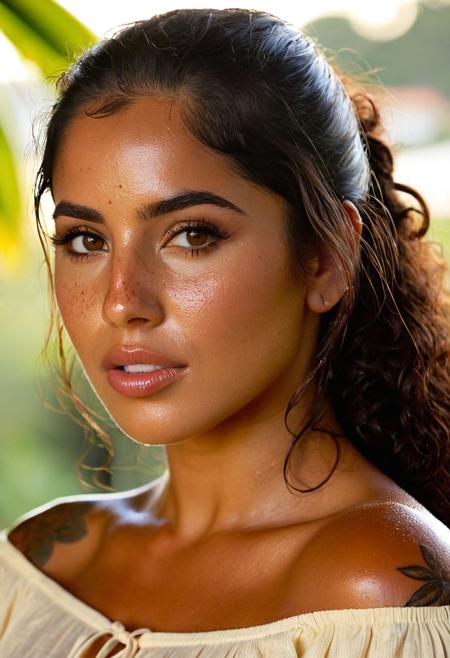 Ultra-high-resolution cinematic headshot of a stunning Costa Rican woman in her late 20s, captured at golden hour in soft, natural light. She has warm medium-brown skin with golden undertones, subtle freckles across her high cheekbones and the bridge of her nose. Her full lips are slightly parted in a relaxed, teasing expression, and her hazel eyes—flecked with amber—gaze directly into the lens with quiet confidence.
Her long, dark curly hair is loosely tied up, a few damp tendrils framing her face and catching the fading sun. Her skin glows with a light sheen, especially around her collarbone and forehead, adding to the sense of embodied heat. She's wearing a loose, off-shoulder cream linen top, just visible at the bottom edge of the frame, revealing the upper arc of a delicate shoulder tattoo.
The background is softly blurred: hints of tropical greenery, sun-warmed stucco, and coastal light. The composition emphasizes skin texture, fine lines, moisture, and atmosphere—deeply human, raw, and intimate.
Style inspired by Steve McCurry’s emotional depth, Nan Goldin’s voyeuristic tenderness, and Sebastian Lelio’s filmic realism.